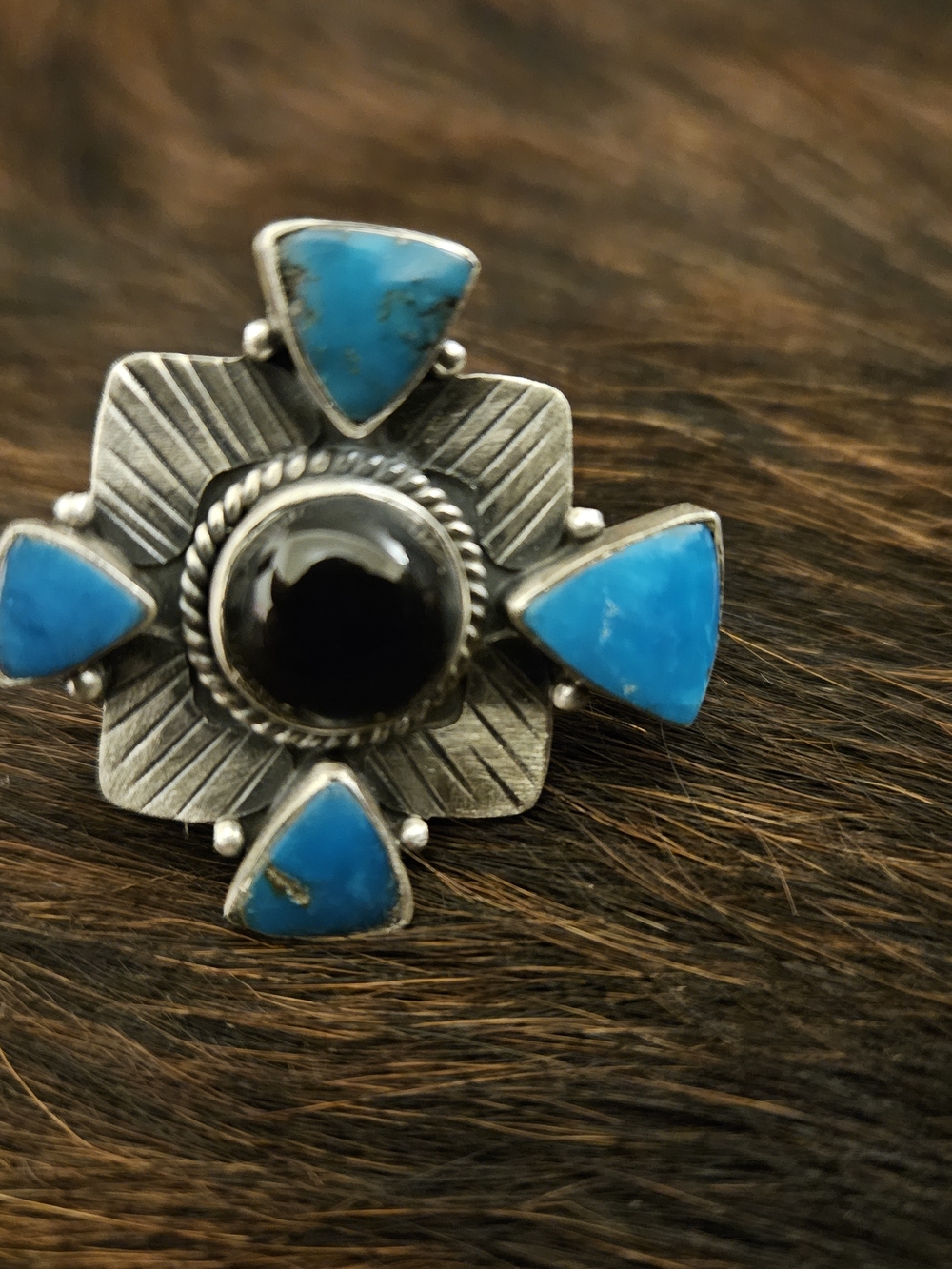 Sterling Silver Turquoise & Onyx Square Ring - Blue
